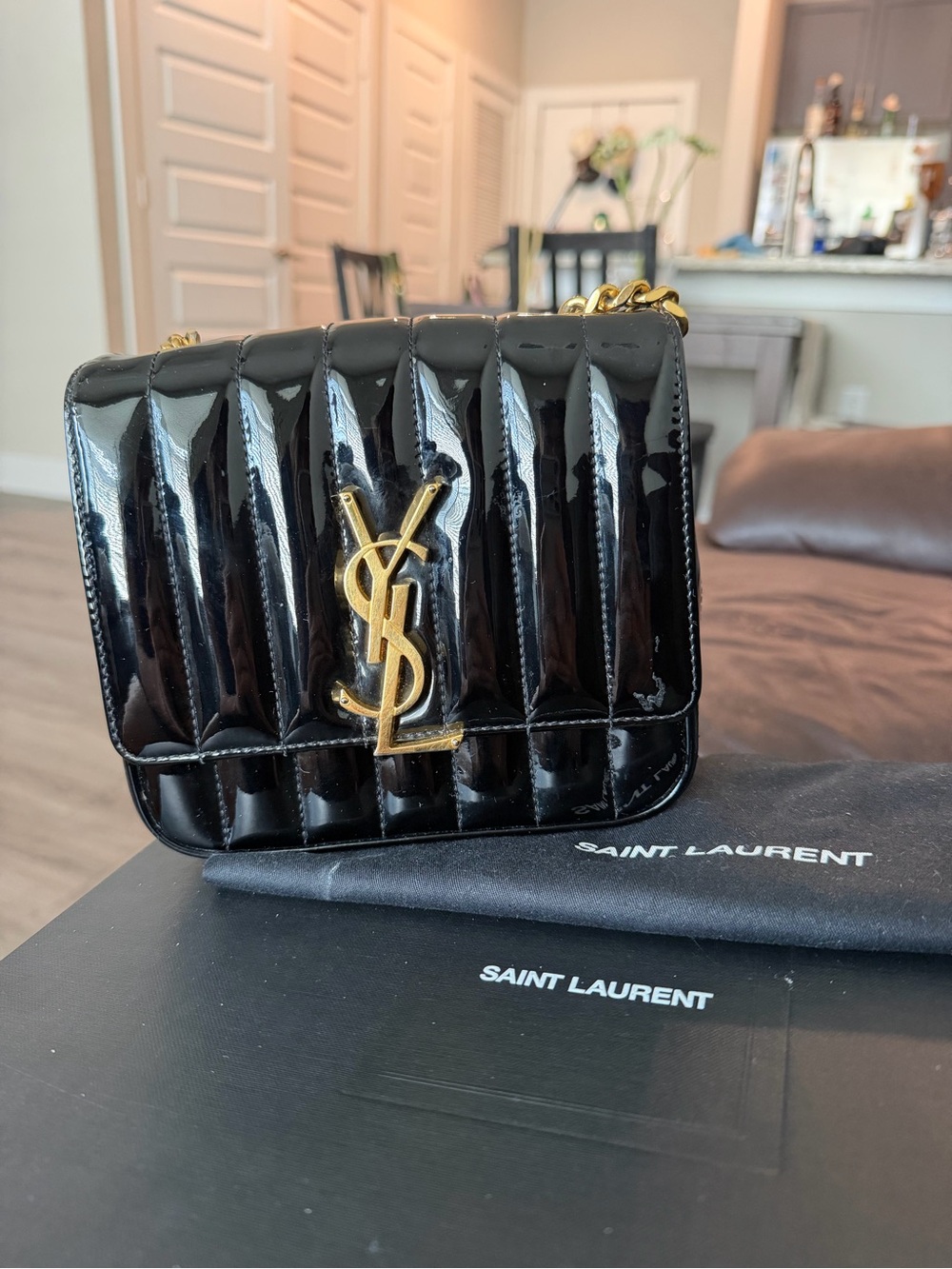 Saint Laurent Black Patent Quilted Crossbody with Gold YSL Hardware